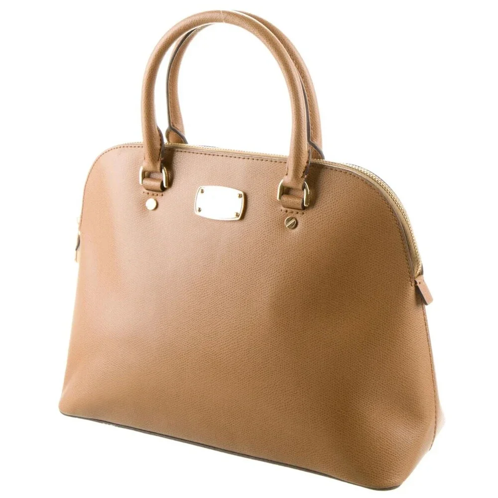 DESIGNER MICHAEL KORS TAN LEATHER TOP ROLLED HANDLES ZIP TOP MED SIZE HANDBAG